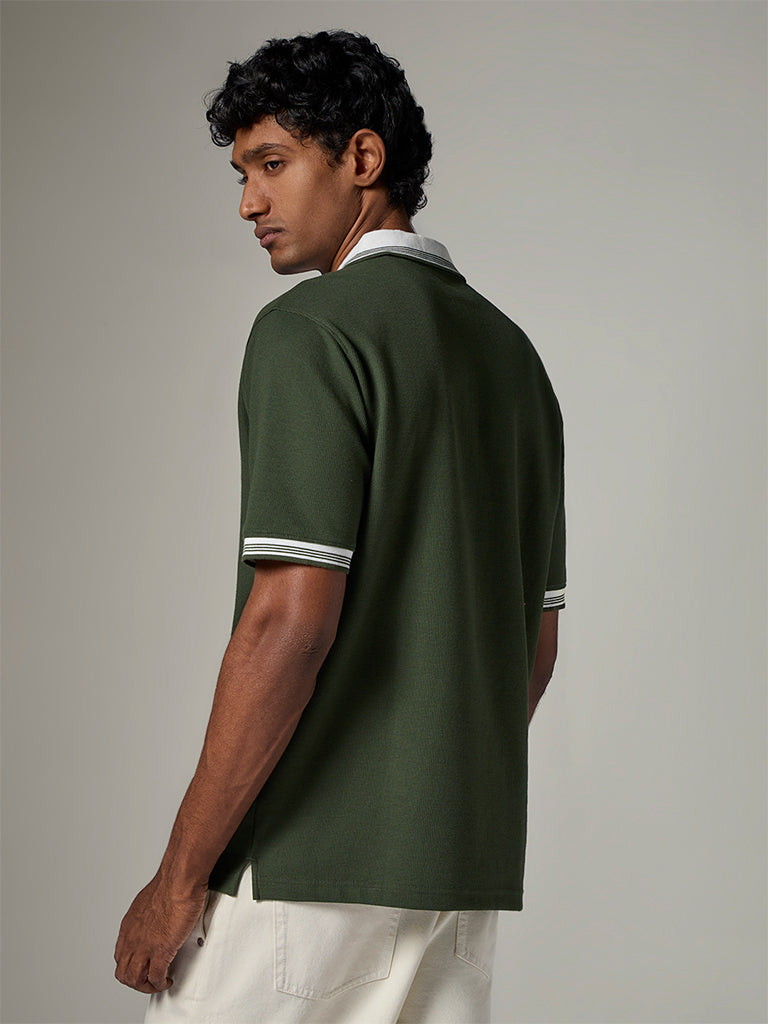 WES Casuals Green Relaxed-Fit Cotton-Blend Polo T-Shirt