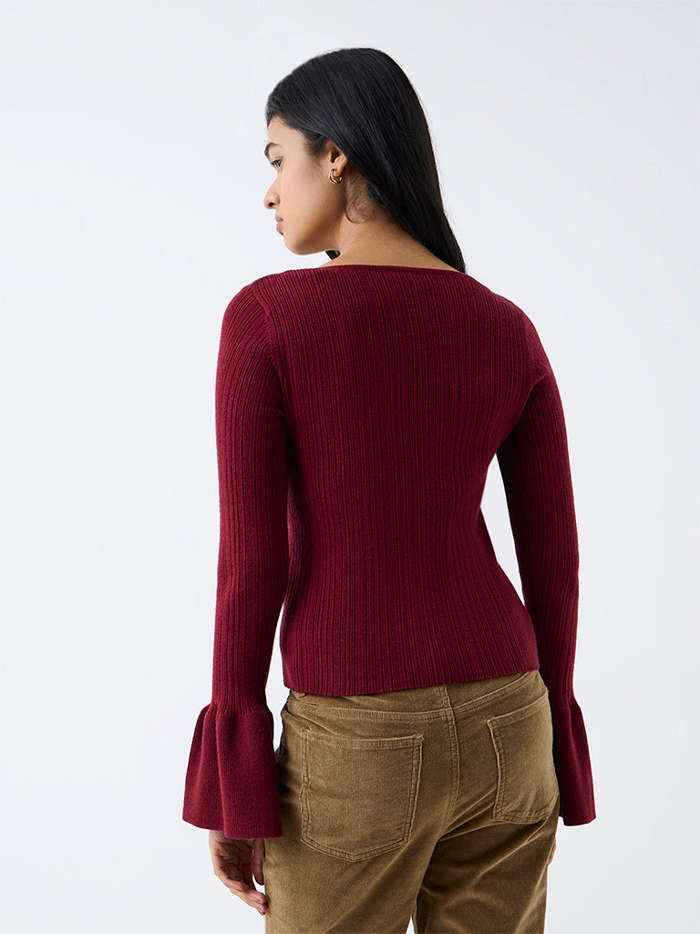 LOV Maroon Ribbed-Textured Top
