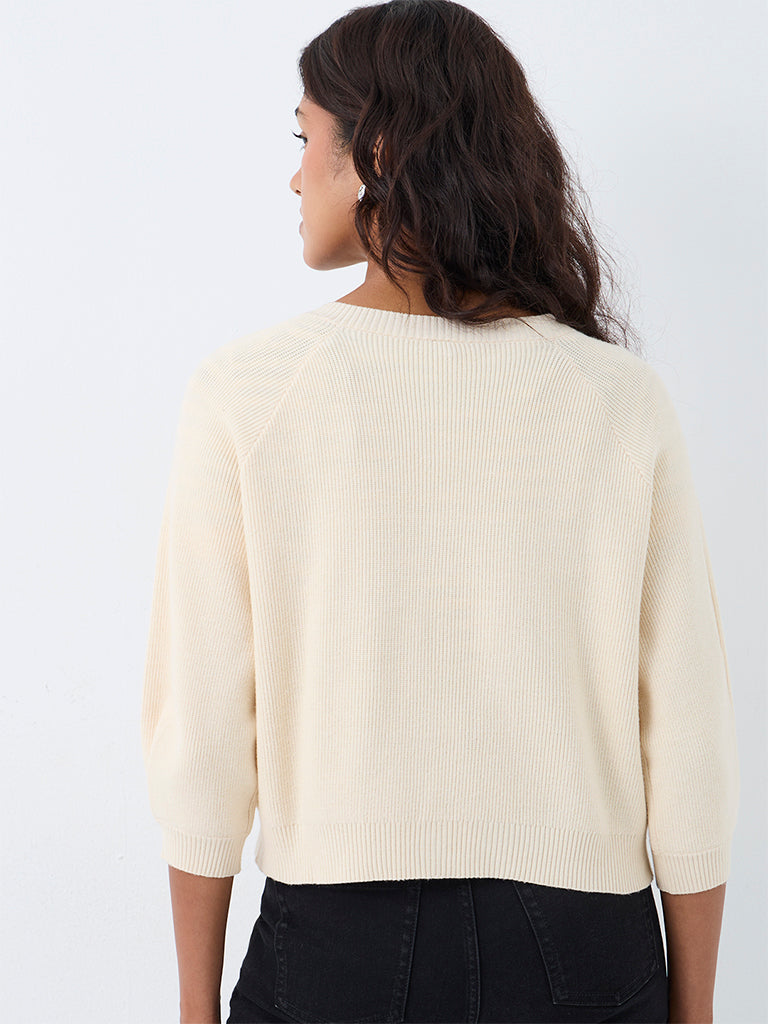 LOV Off-White Ribbed-Knit Cardigan