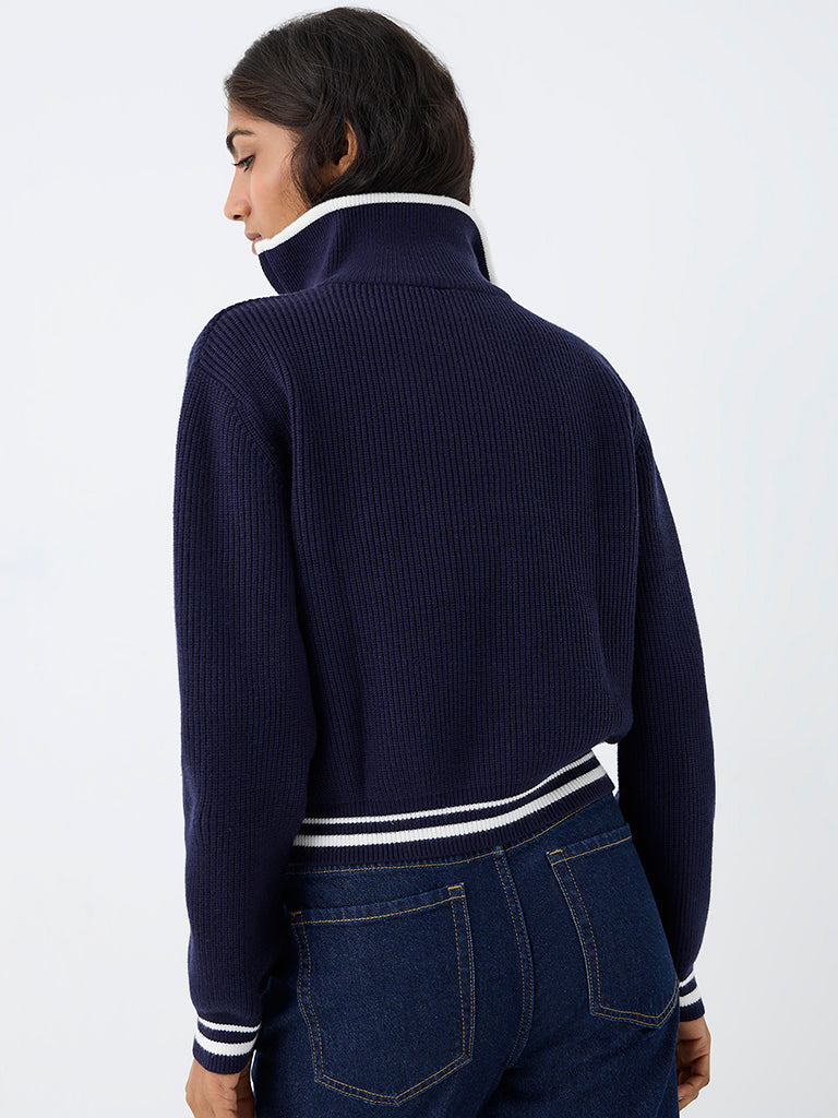 LOV Navy Ribbed-Knit Quarter-Zip Cardigan