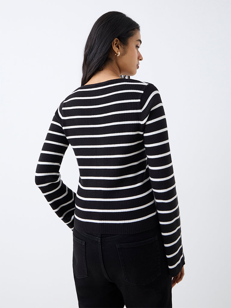 LOV Black Striped Ribbed-Textured Top