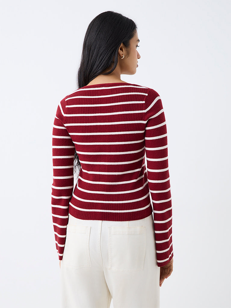 LOV Red Striped Ribbed-Textured Top