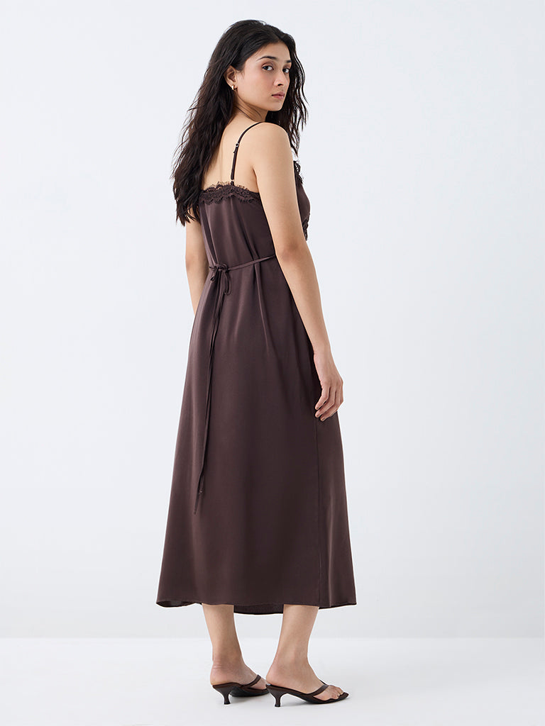 Nuon Dark Brown Lace-Detail A-Line Dress