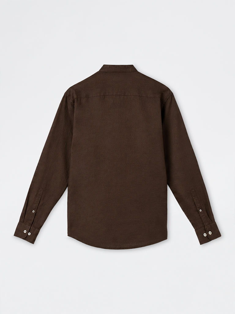 Ascot Brown Solid Relaxed-Fit Linen-Blend Shirt