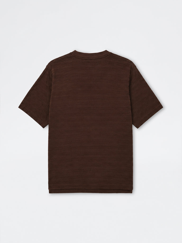 WES Lounge Dark Brown Self-Striped Relaxed-Fit T-Shirt