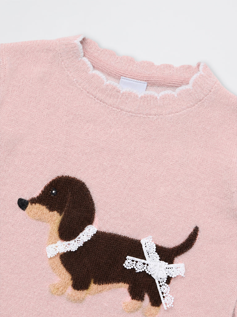 HOP Kids Girls Pink Dog Embroidered Knit-Textured Sweater