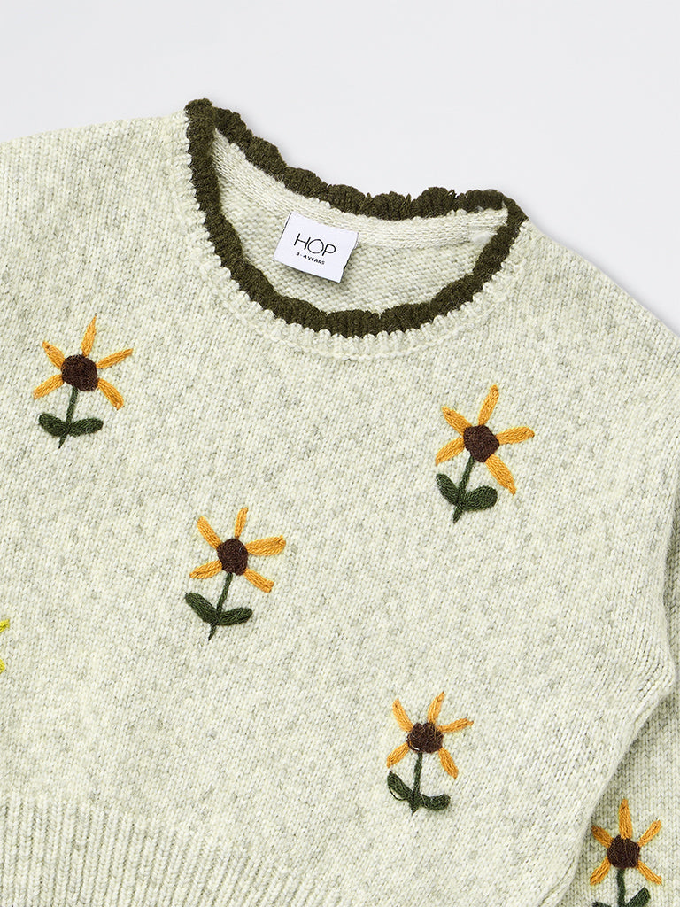 HOP Kids Girls Sage Floral Embroidered Sweater