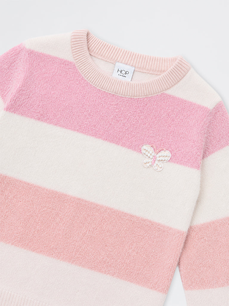 HOP Kids Girls Pink Striped Fuzzy-Textured Sweater