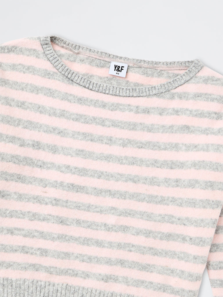 Girls Light Pink Striped Knitted Sweater