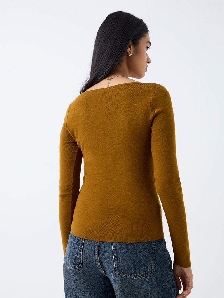 LOV Brown Ribbed-Textured Top