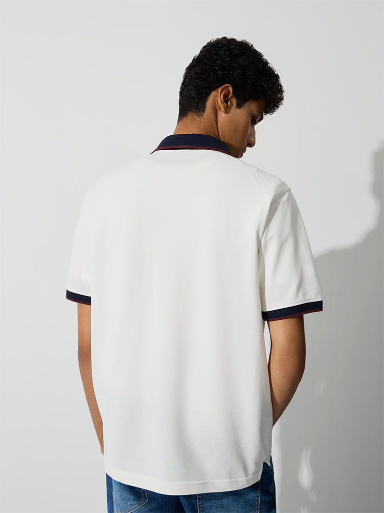 WES Casuals White Relaxed-Fit Cotton-Blend Polo T-Shirt