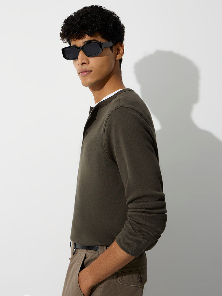 WES Casuals Dark Olive Relaxed-Fit Cotton-Blend T-Shirt