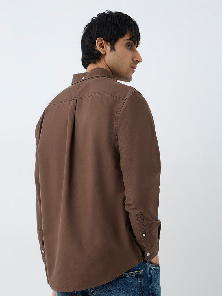 WES Casuals Brown Solid Relaxed-Fit Cotton Shirt