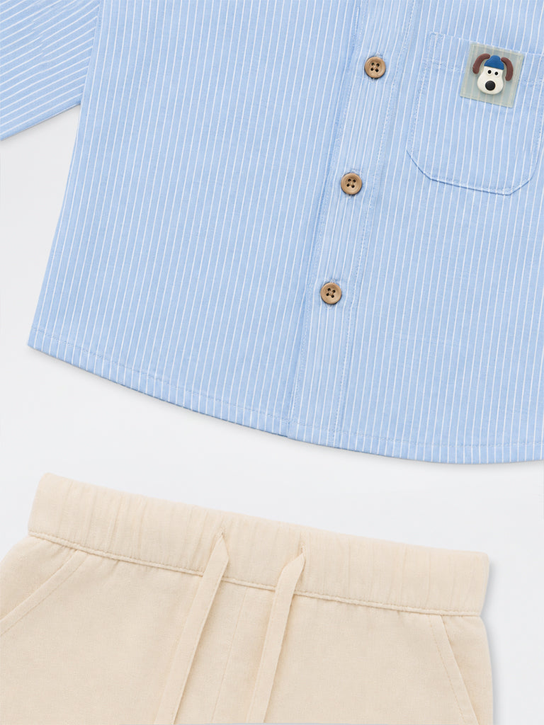 HOP Baby Boys Blue Striped Cotton Shirt and Pants Set