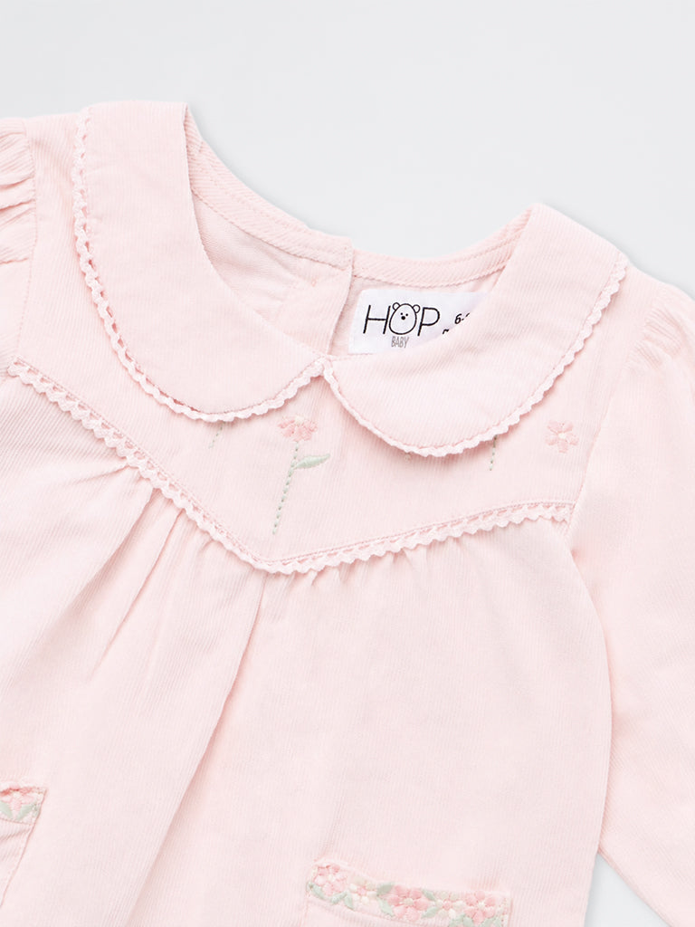 HOP Baby Girls Pink Floral Embroidered Corduroy Cotton Top