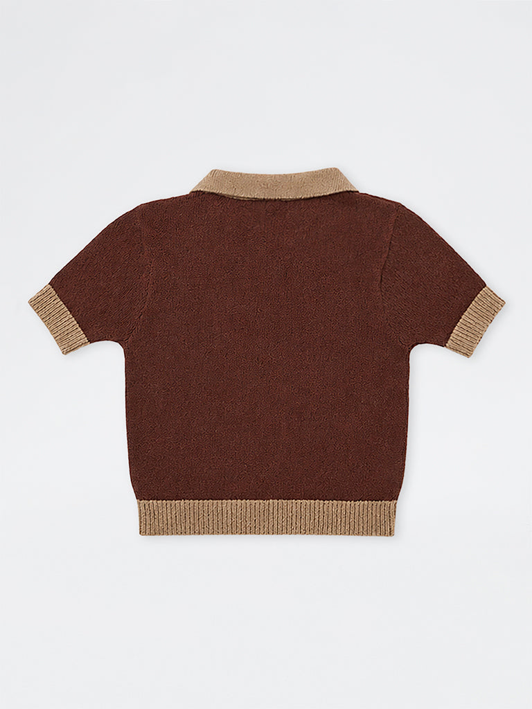 Girls Brown Teddy-Detail Knitted Cotton-Blend Polo T-Shirt
