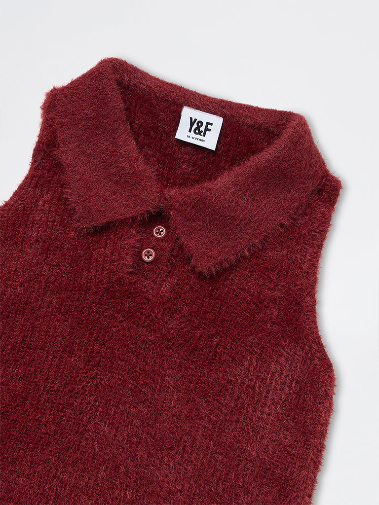 Girls Burgundy Fleece-Textured Polo Sweater