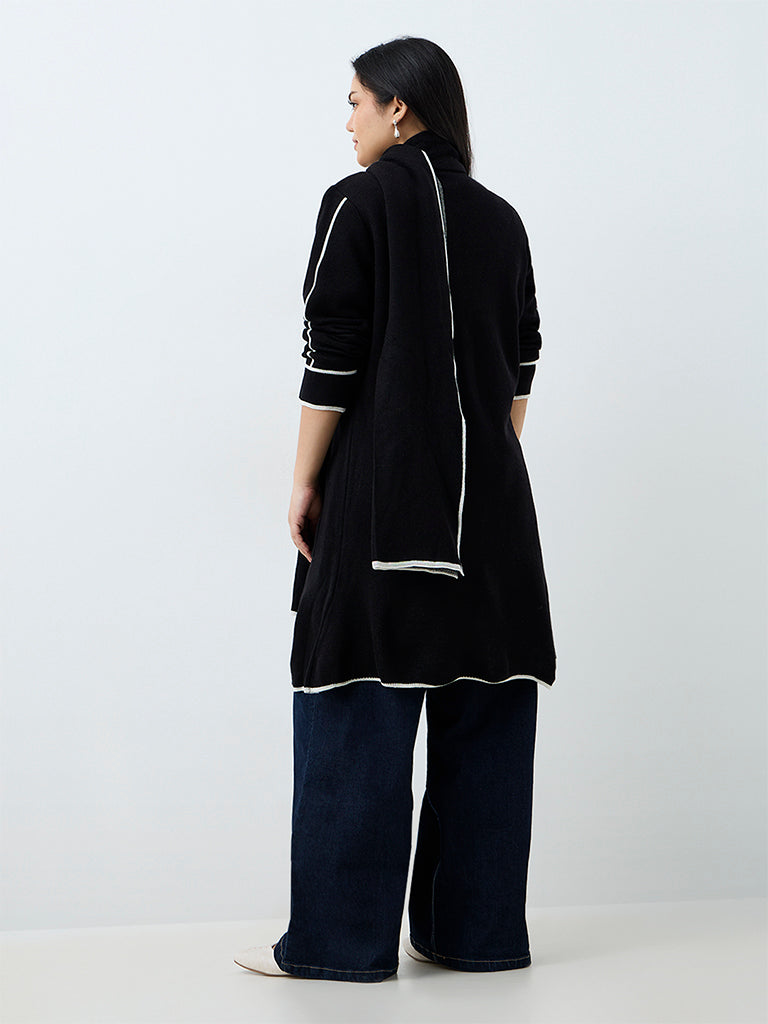Gia Black Scarf-Design Longline Knitted Cardigan