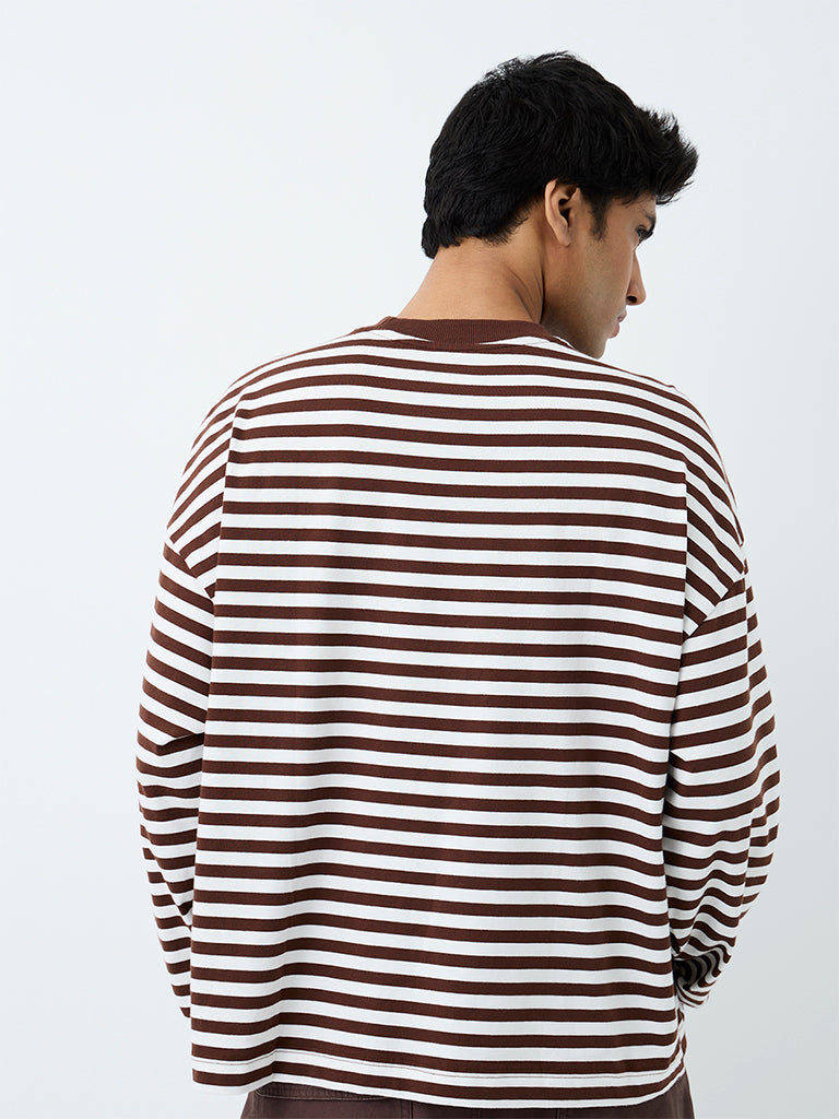 Nuon Brown Striped Oversized Cotton T-Shirt