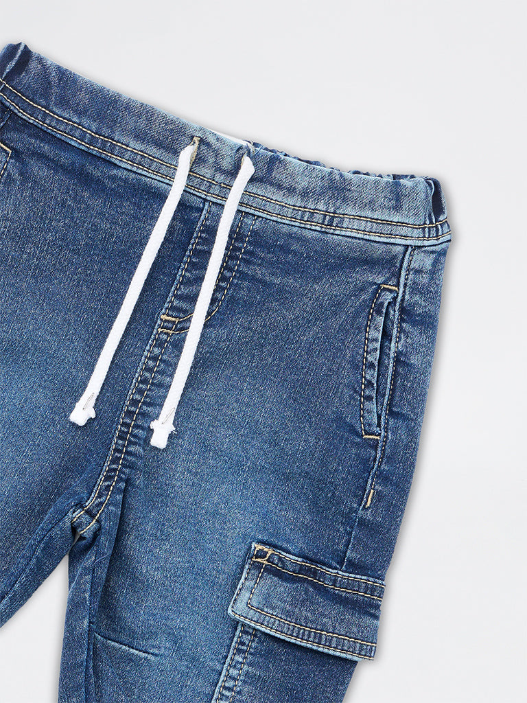 HOP Baby Boys Blue Mid-Rise Cotton-Blend Jogger-Style Jeans
