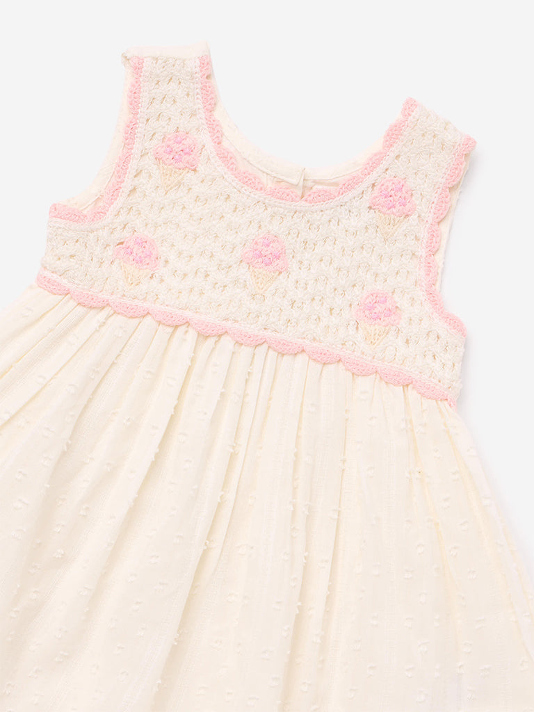 HOP Baby Girl Off-White Crochet Detailed Cotton A-Line Dress