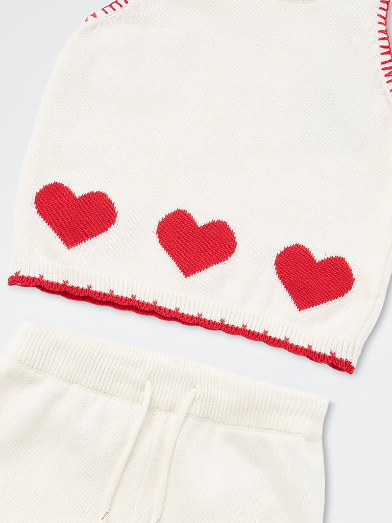 HOP Baby Girls Off-White Heart Design Cotton Sweater and Pants Set