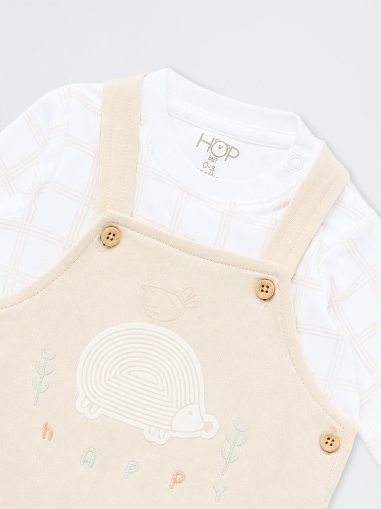 HOP Baby Boys Light Beige Animal Design Cotton Dungaree with T-Shirt Set