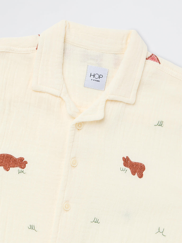 HOP Kids Boys Cream Safari-Theme Cotton Shirt