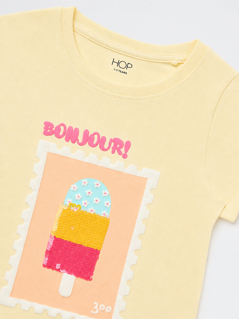HOP Kids Girls Yellow Embellished Cotton T-Shirt