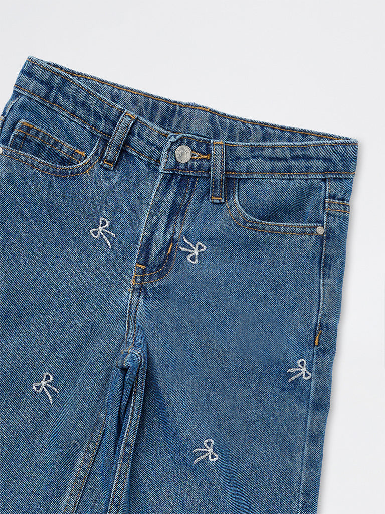 HOP Kids Girls Blue Bow Embroidered High-Rise Jeans