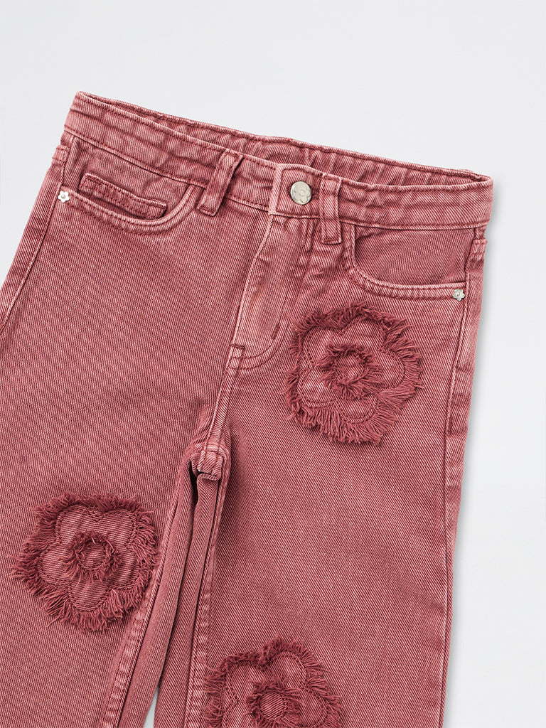 HOP Kids Girls Dusty Pink Floral Embroidered High-Rise Jeans