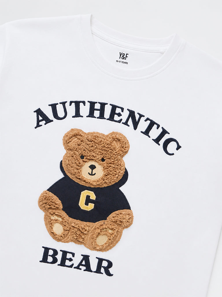Girls White Teddy Design Cotton T-Shirt