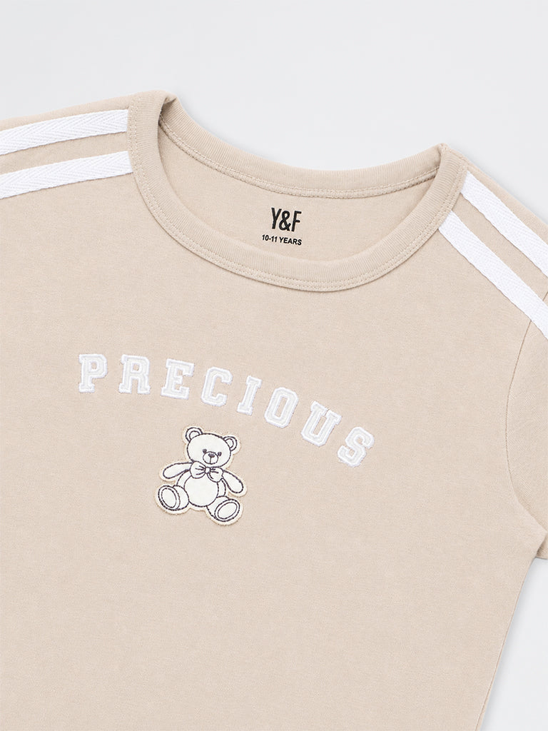 Girls Beige Teddy-Detail Cotton-Blend T-Shirt