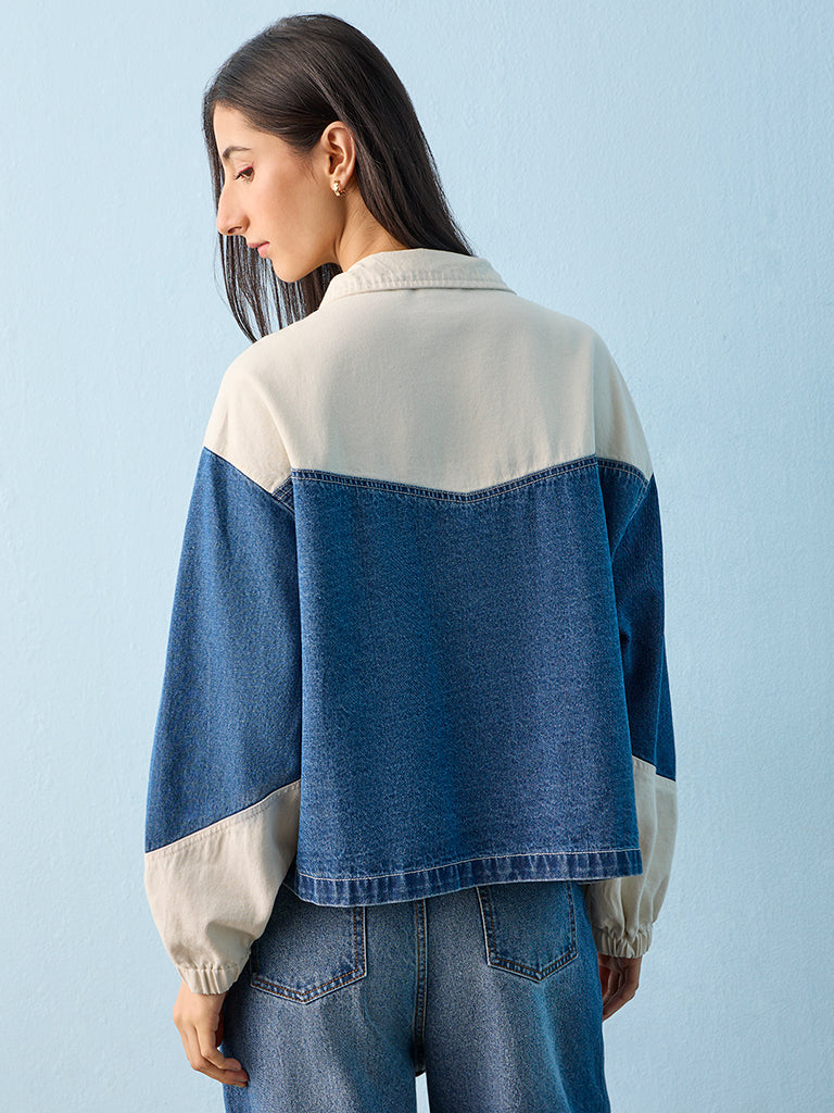 Nuon Blue Colour-Blocked Denim Jacket