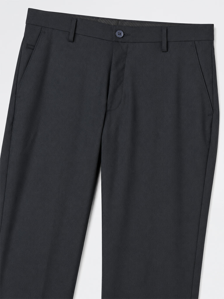 WES Formals Navy Solid Ultra-Slim Fit Mid-Rise Trousers
