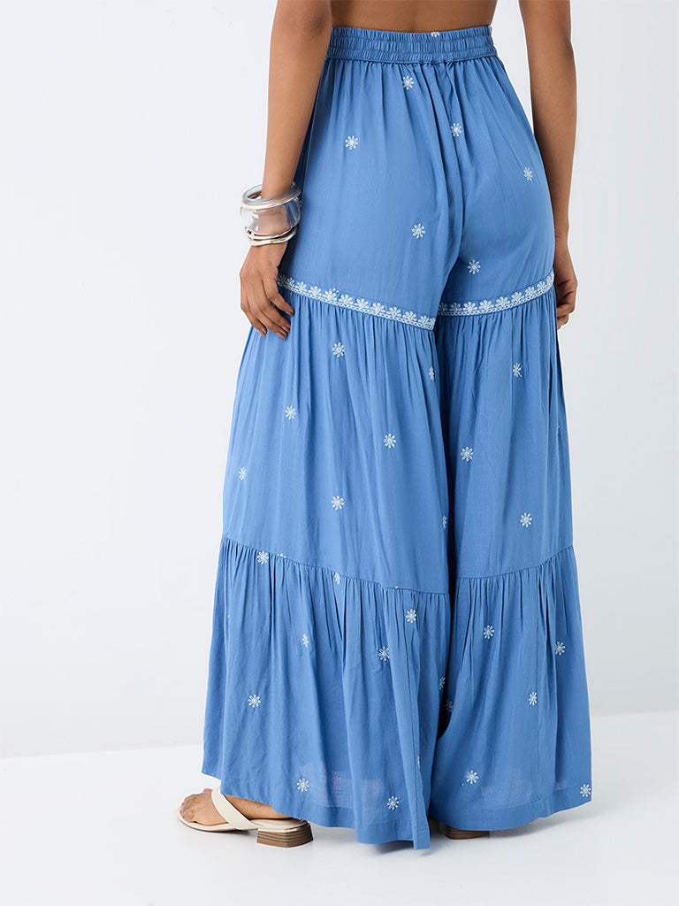 Utsa Blue Floral Embroidered Cotton Sharara