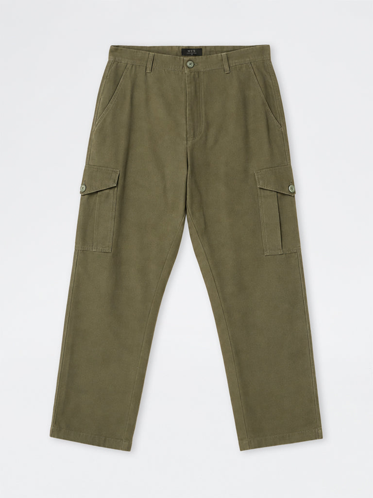 WES Casuals Olive Relaxed-Fit Mid-Rise Cotton Cargo Pants