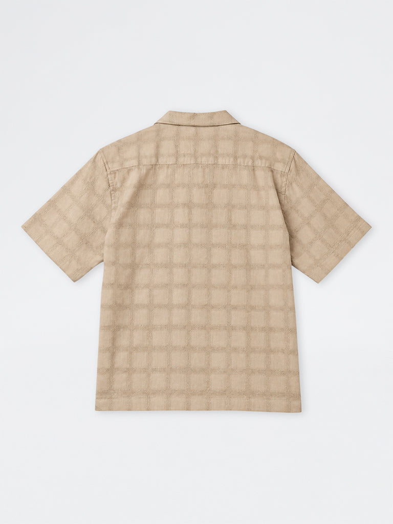 WES Casuals Taupe Checks Embroidered Relaxed-Fit Cotton Shirt