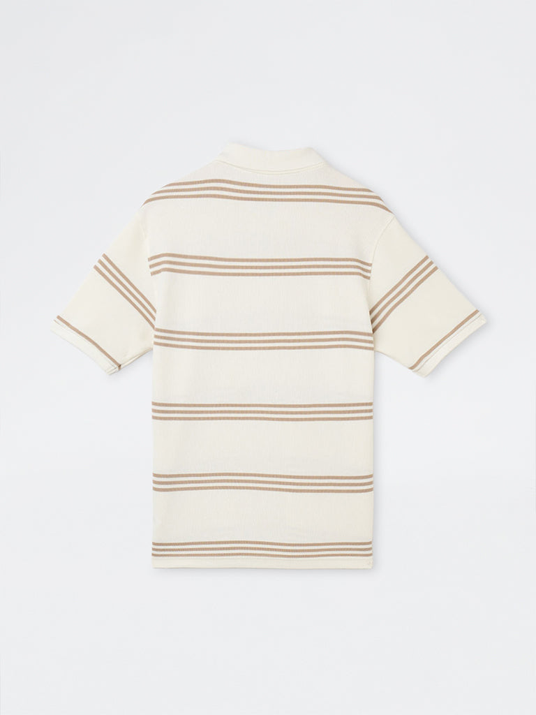 WES Casuals Ivory Striped Relaxed-Fit Cotton-Blend Polo T-Shirt