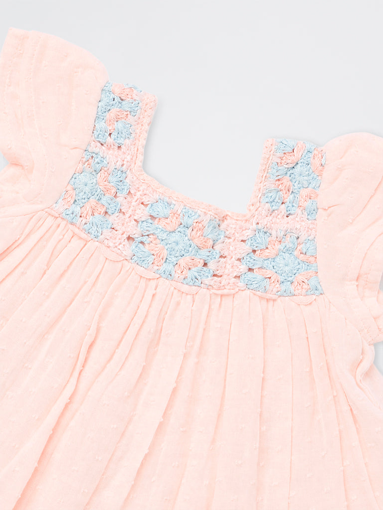 HOP Baby Girls Light Pink Crochet Embroidered Cotton A-Line Dress