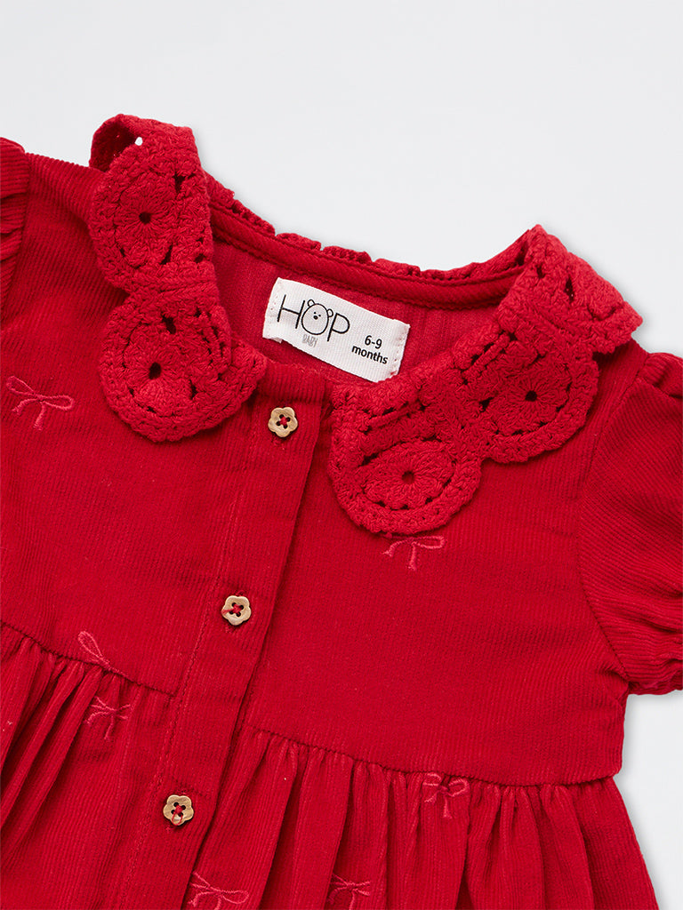 HOP Baby Girls Red Bow Embroidered Corduroy A-Line Dress