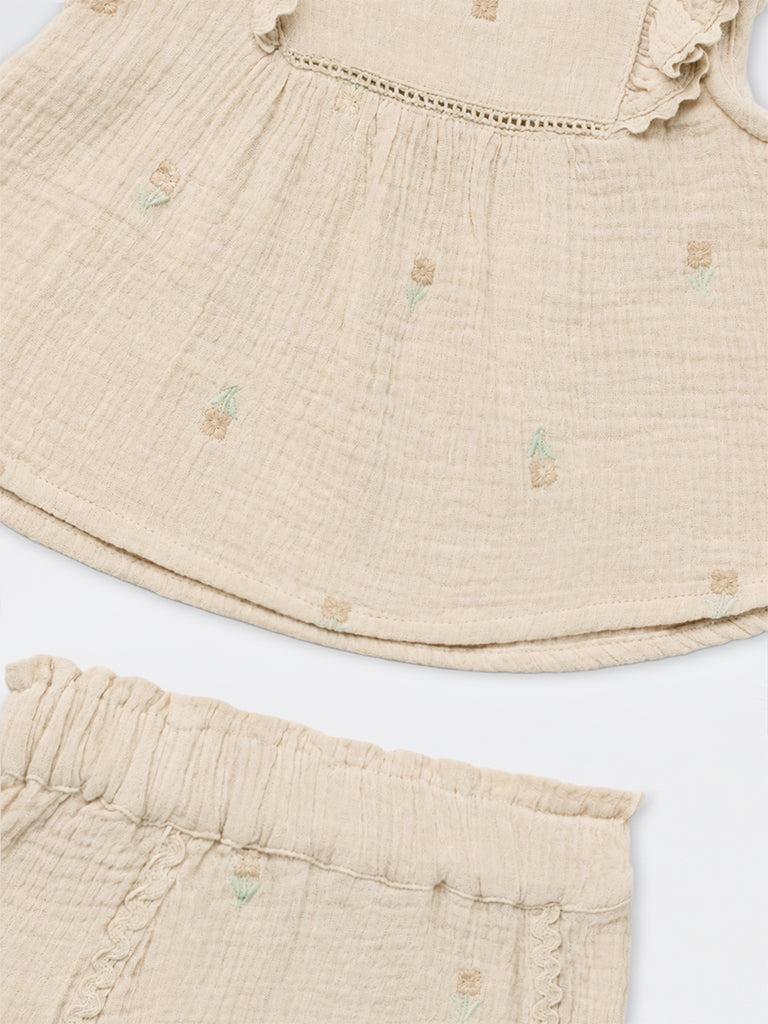 HOP Baby Girls Beige Crinkle-Textured Cotton Top and Short Set