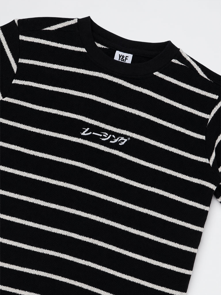 Y&F Kids Boys Black Striped Knit-Textured Cotton-Blend T-Shirt