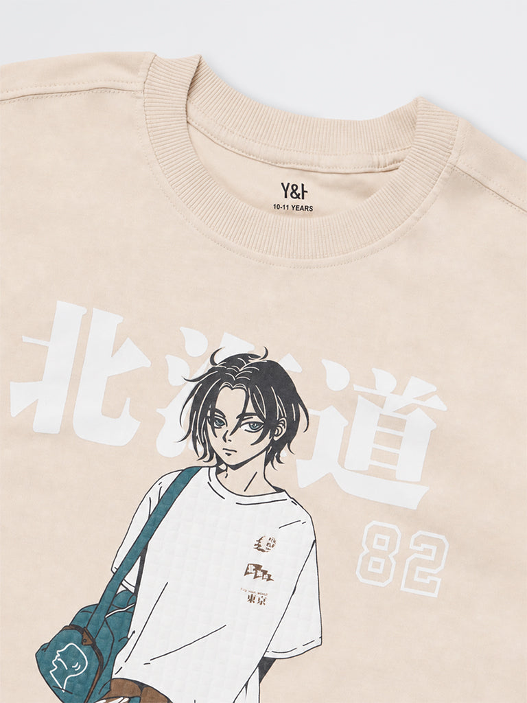 Boys Light Beige Graphic Printed Cotton T-Shirt