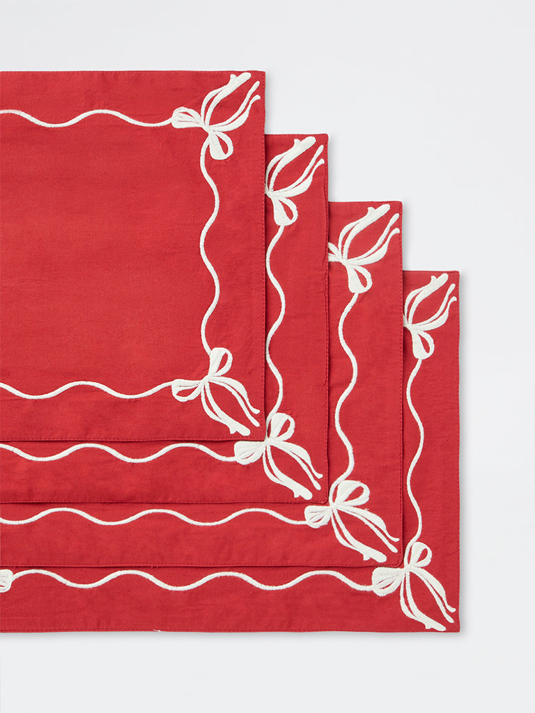 Westside Home Red Bow Embroidered Xmas Placemats - Set of 4