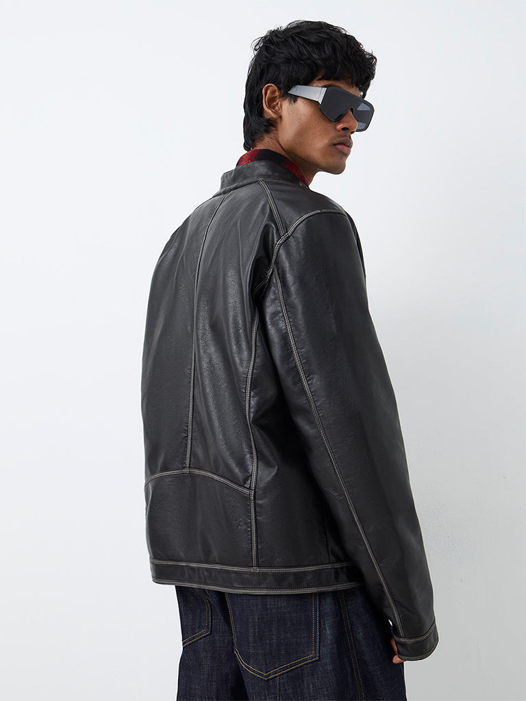 Nuon Black Relaxed-Fit Faux Leather Biker Jacket