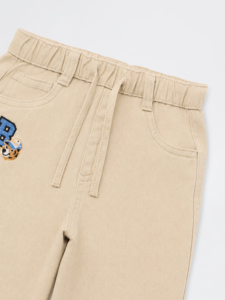 HOP Kids Boys Light Beige Patch-Detail Mid-Rise Relaxed-Fit Jeans