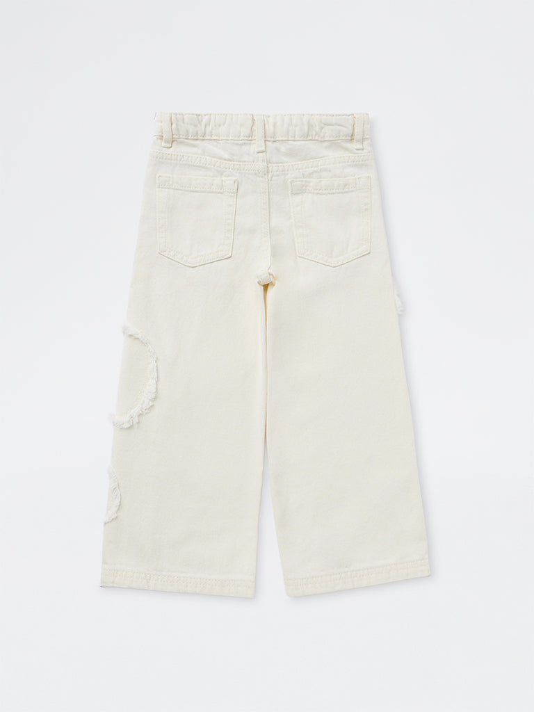 HOP Kids Girls Off-White Frayed-Detail High-Rise Jeans