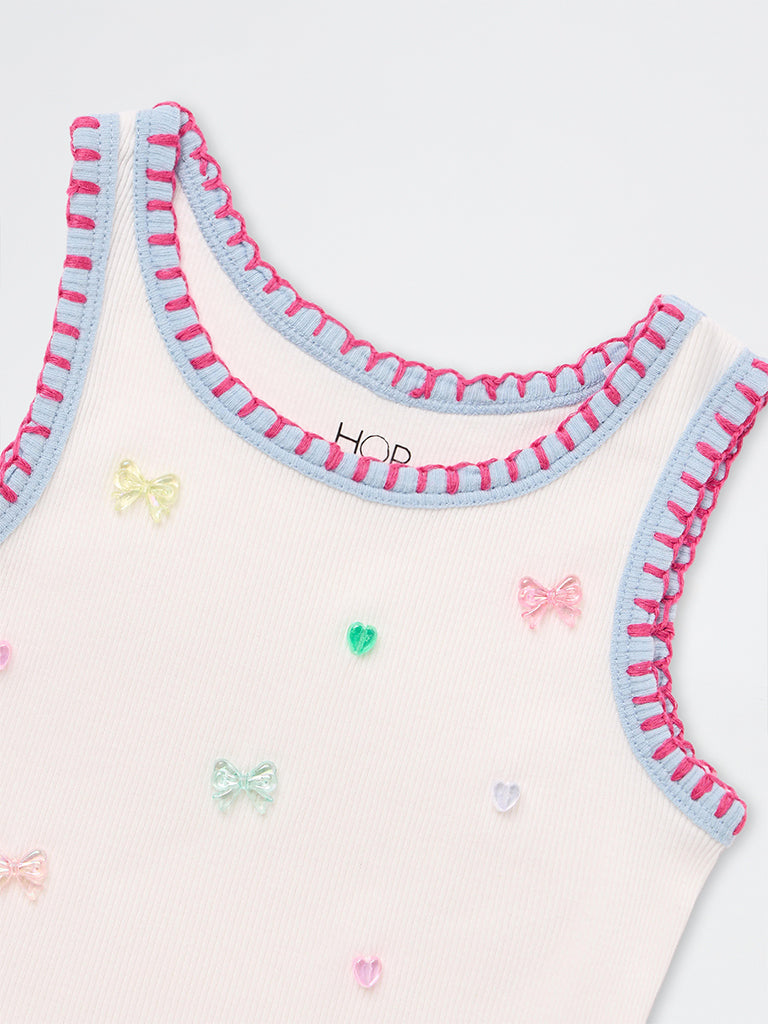 HOP Kids Girls Off-White Embellished Cotton Tank Top