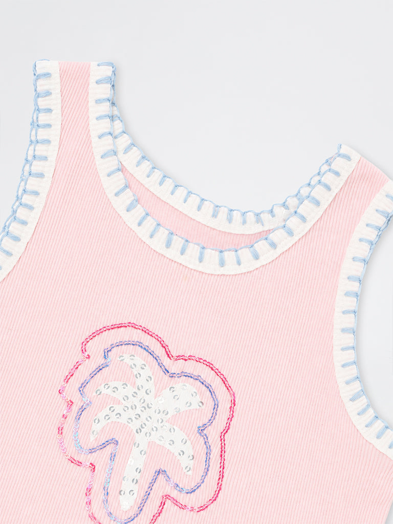 HOP Kids Girls Pink Palm-Tree Embellished Cotton Top